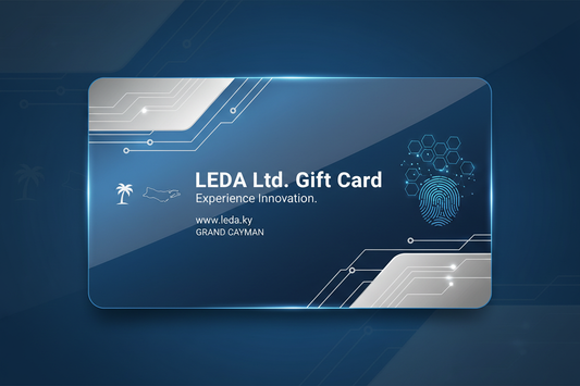 A sleek and modern digital gift card design for LEDA Ltd., featuring elegant technology-inspired elements, clean typography, and a professional Cayman Islands business vibe. The card should highlight "LEDA Ltd. Gift Card" in bold lettering, with subtle abstract patterns in blue and silver tones to convey innovation and trust. Minimalist style, high-quality, horizontal layout, aspect ratio 16:9.